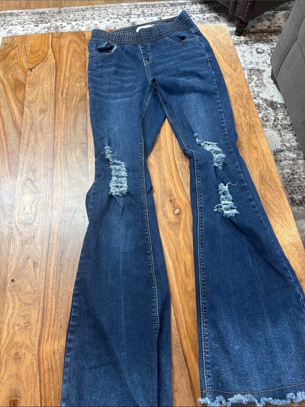 Ribbed Waist Distressed Dark Blue Flare Jeans